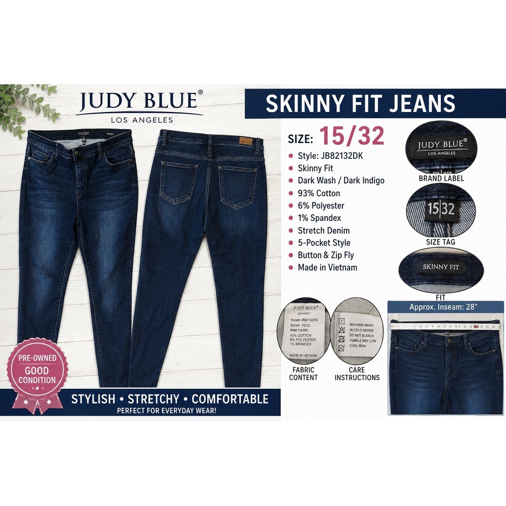 Judy Blue Skinny Fit Jeans Dark Indigo Stretch Denim JB82132DK Size 15/32